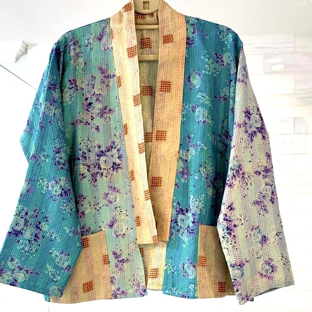 Handcrafted & Reversable Floral Patchwork Kimono Jacket in Teal/Turquoise/Cream